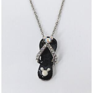 VTG Disney Mickey Mouse Flip Flop Pendant Necklace Black Rhinestone AB Girls